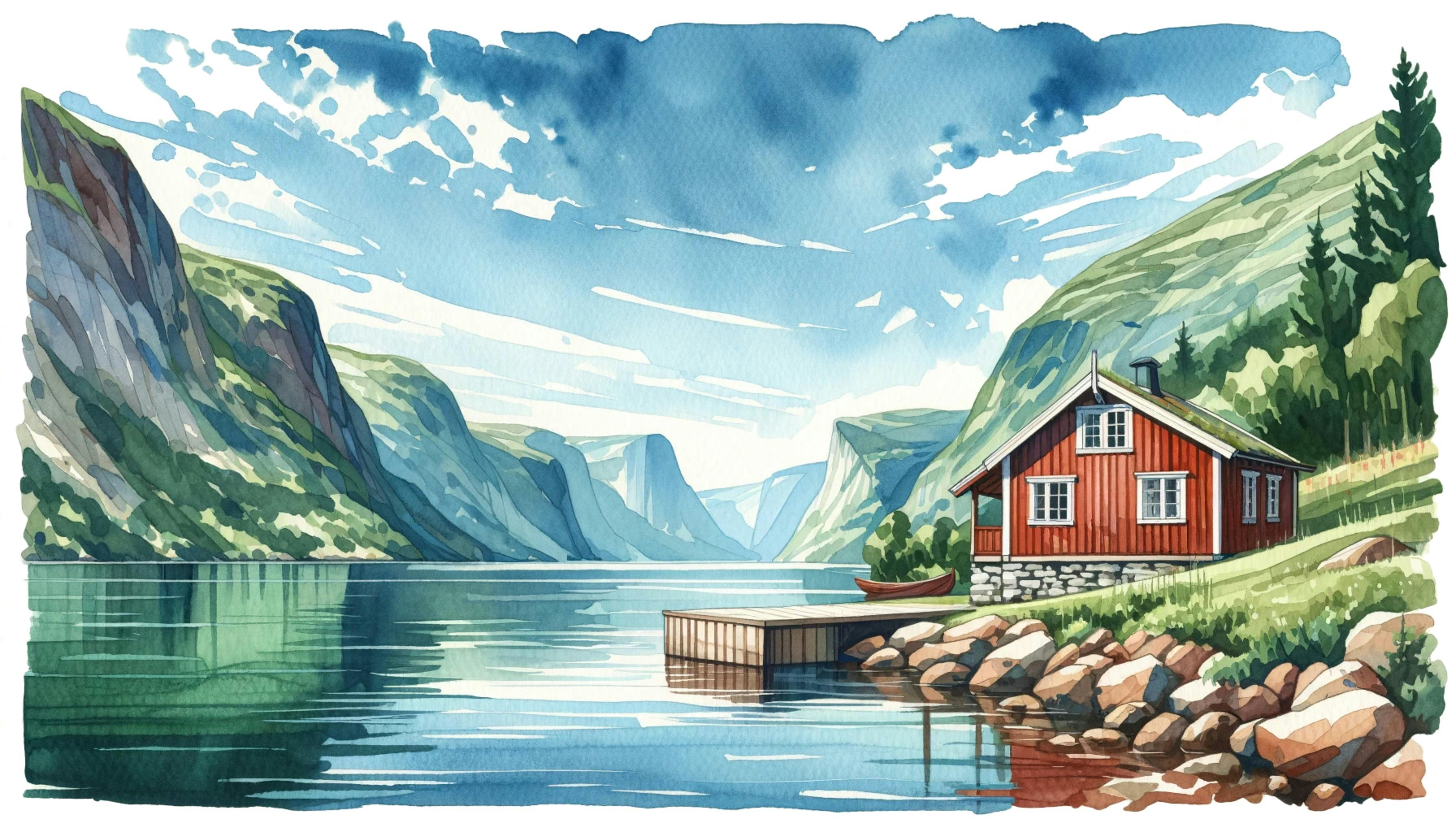 Châlet norvégien au bord d'un fjord